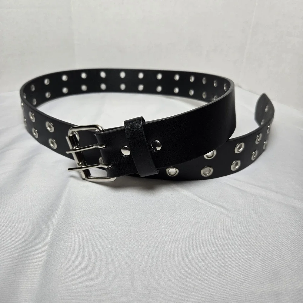 Black Leather Belt Womens M Double Prong Grommets Silvertone Buckle Goth Punk